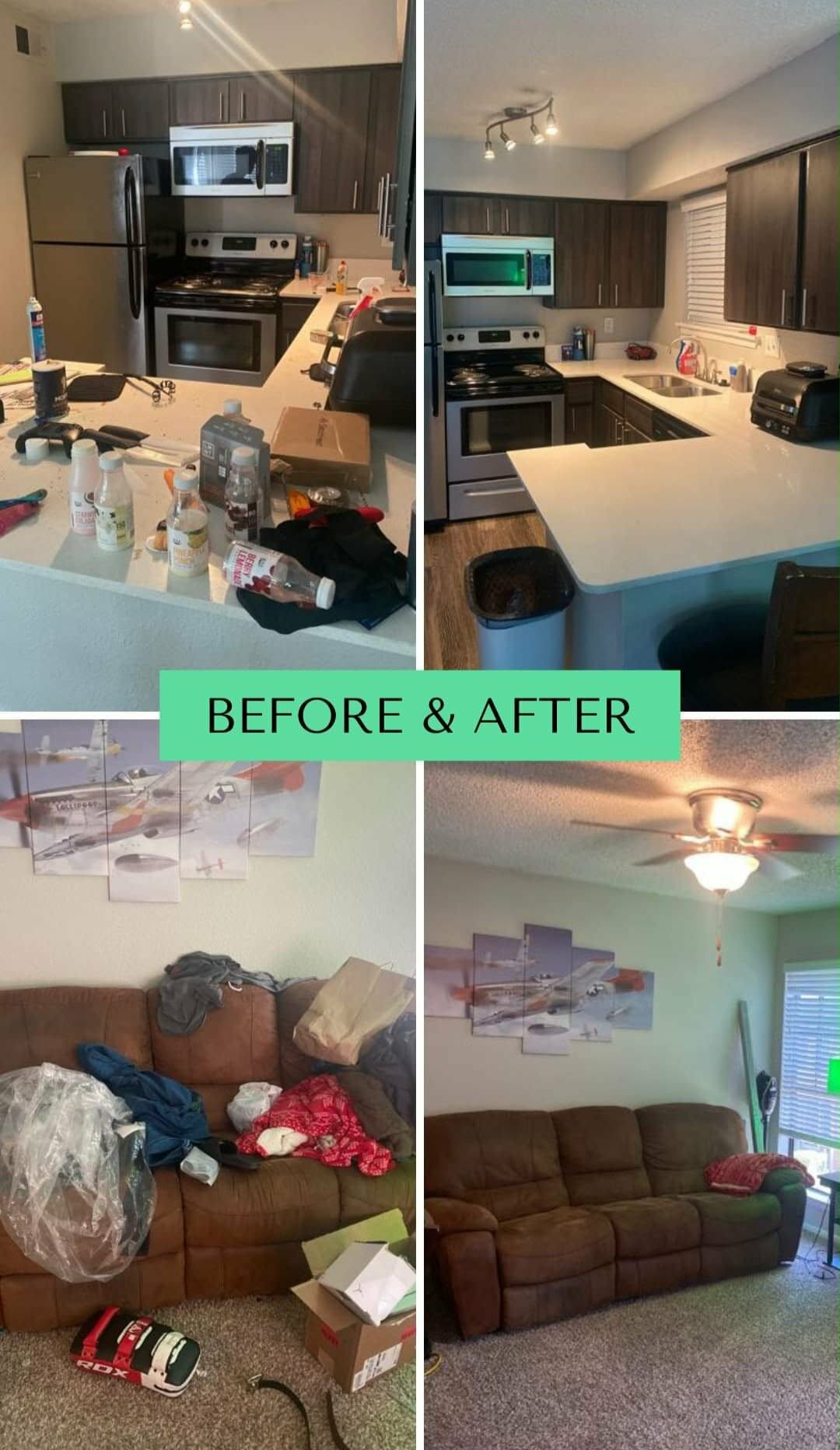 Before and after kitchen and living room cleaning by Bubblin' Betty's Facility Services