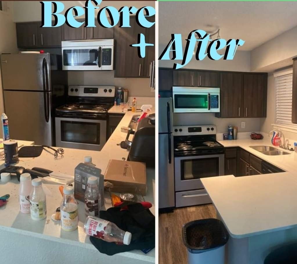 Before and after kitchen cleaning and counter reset by Bubblin' Betty's Facility Services