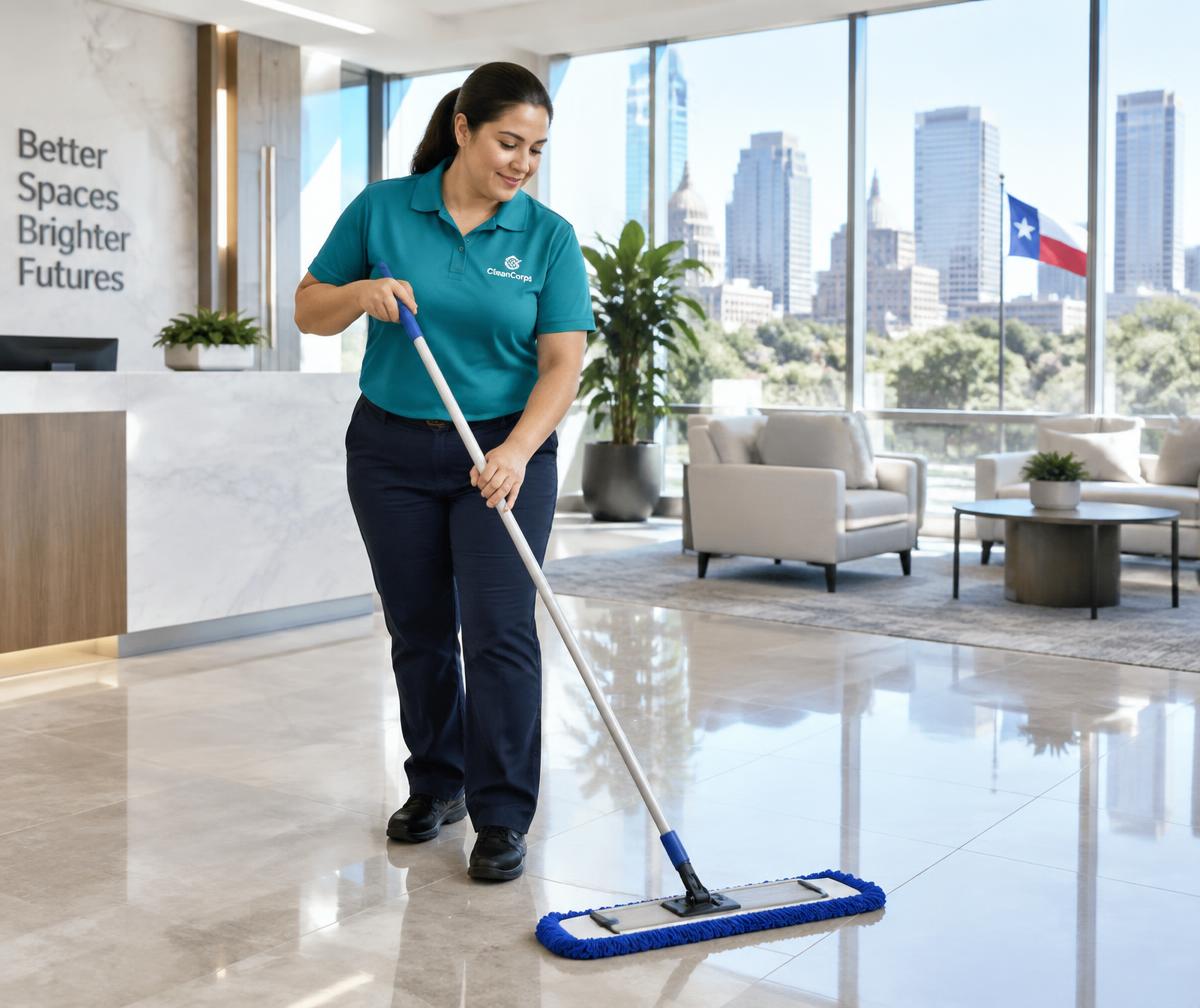 Bubblin' Betty's cleaner mopping an office lobby
